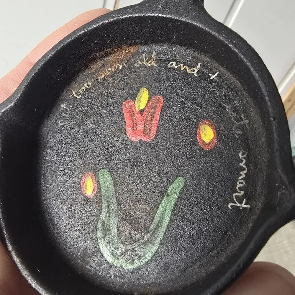 Mini Vintage Hand Painted Cast Iron Decorative Pan Floral with Wisdom 4.5 inch